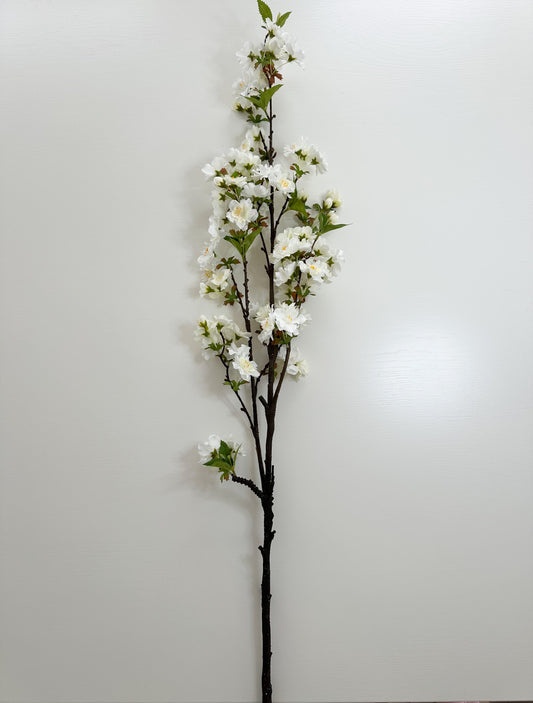 White Cherry Blossom Stem (single) on a white table top view of it laying down