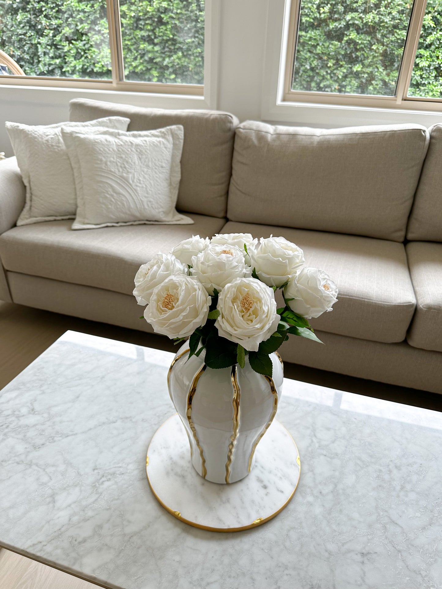 Isabella White and Gold Vase (Small) with Peony Stems